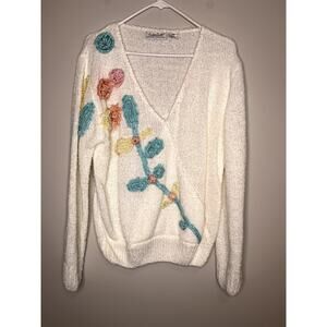 1980s Lindsay Scott Pastel Floral 3D Pearl Coquette Feminine Cottage Sweater XL